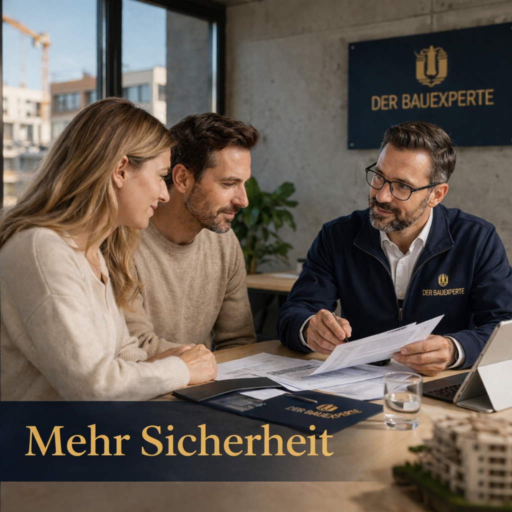 Freundliche Beratung zum Fertighaus-Check mit Bauherren-Paar und Bauexperte
